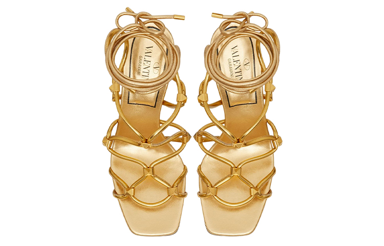 (W) Valentino Rockstud Net Lace-Up Sandals 'Gold' 圖 4