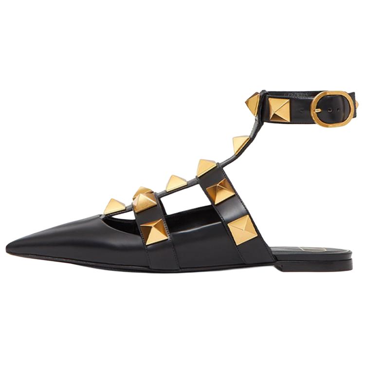 (W) Valentino Garavani Roman Stud Calfskin Low Ballet Flat 'Black'