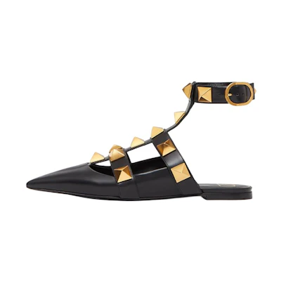 (W) Valentino Garavani Roman Stud Calfskin Low Ballet Flat 'Black'