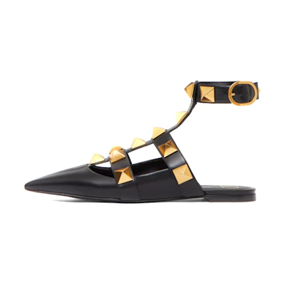 (W) Valentino Garavani Roman Stud Calfskin Low Ballet Flat Black