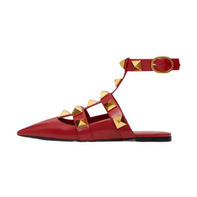 (W) Valentino Garavani Roman Stud Calfskin Low Ballet Flat 'Red'