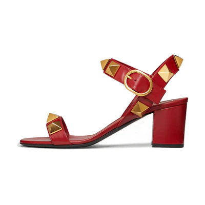 (W) Valentino Roman Stud 'Red Buckle Block Heel'