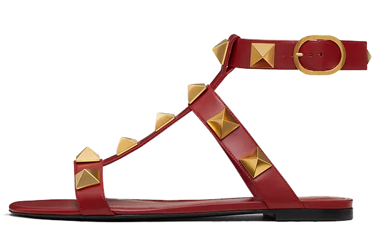 (W) Valentino Roman Stud Flat Calfskin Sandal 'Red'