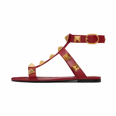 (W) Valentino Roman Stud Flat Calfskin Sandal 'Red'