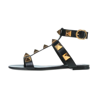 (W) Valentino Roman Stud Flat Calfskin Sandals 'Black'