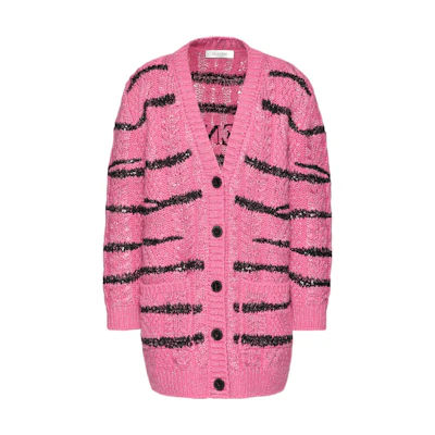 (Women) Valentino SS22 Pink Tiger Print Mohair Blend Knit Cardigan. XB3KA03M73BO09