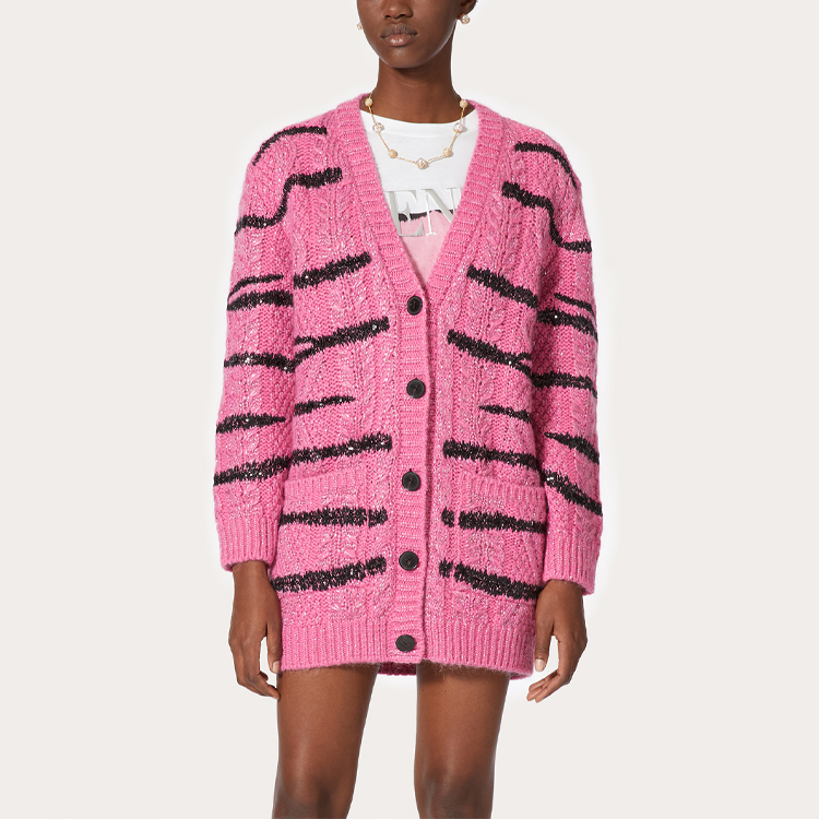 Lookbook (Women) Valentino SS22  Pink Tiger Print Mohair Blend Knit Cardigan. XB3KA03M73BO09