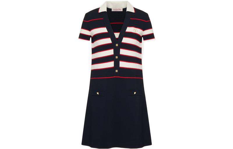 (Women) Valentino SS22 Striped Short-Sleeve Dress Women’s Navy Blue. 1B3KD08L7FG45P