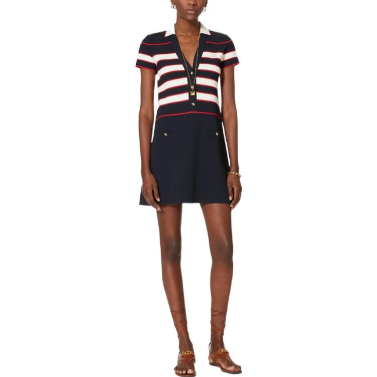 Lookbook (W) 발렌티노 SS22 스트라이프 반팔 드레스 여성 네이비 블루. 1B3KD08L7FG45P