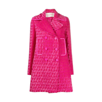 (Women) Valentino SS23 Pink Logo Jacquard Double-Breasted Long Coat BCJ0U27M7-UWT