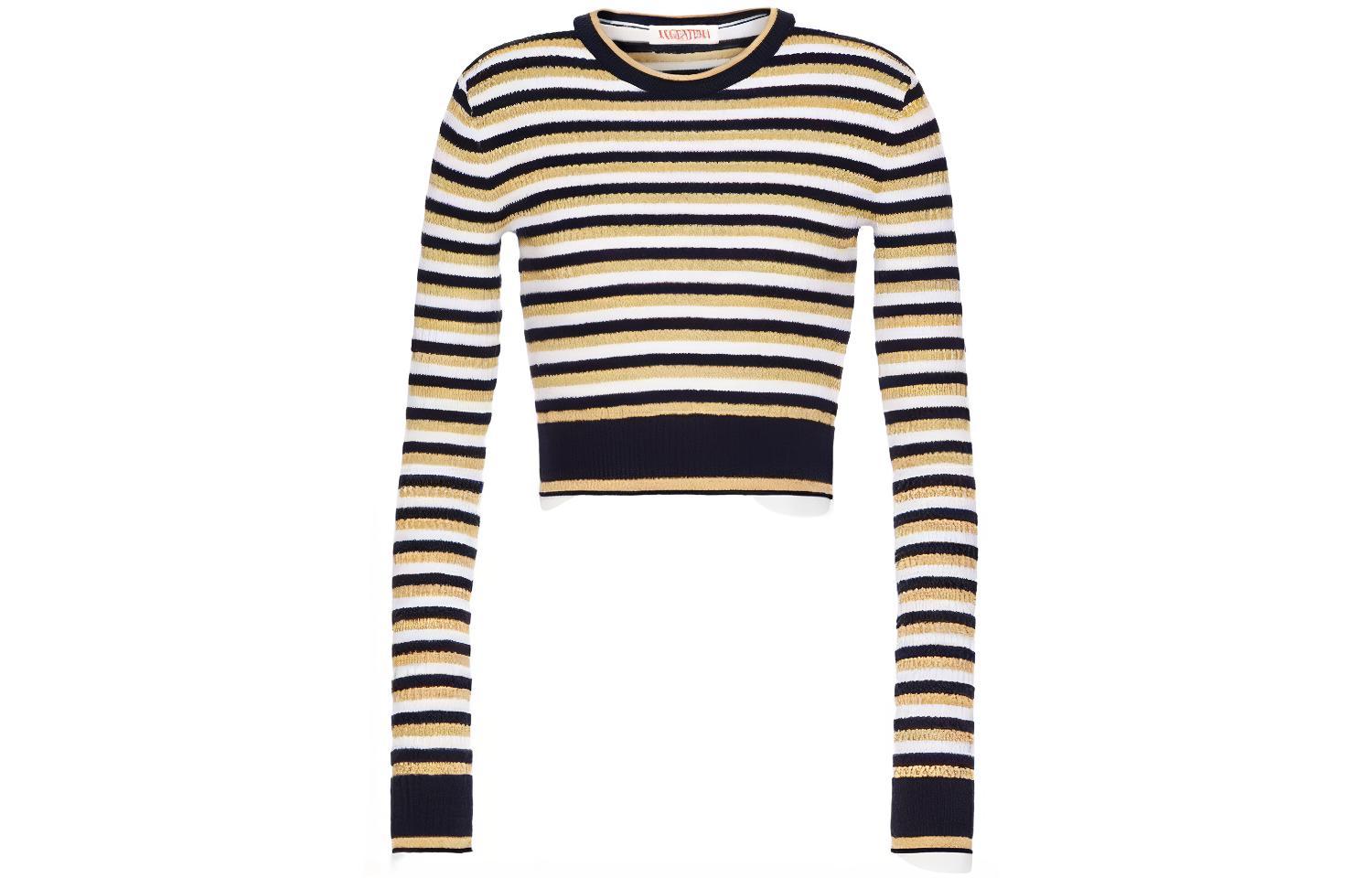 (Women) Valentino SS23  Striped Cropped Knit Long-Sleeve Top White BKC47S839-7CL