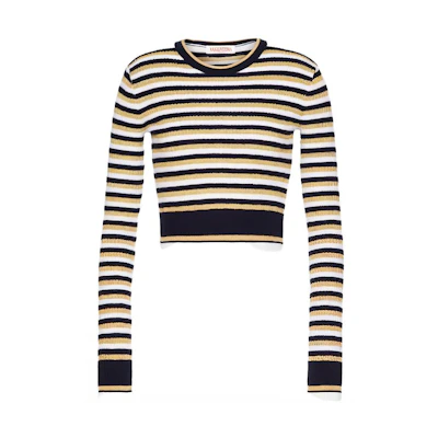 (Women) Valentino SS23 Striped Cropped Knit Long-Sleeve Top White BKC47S839-7CL