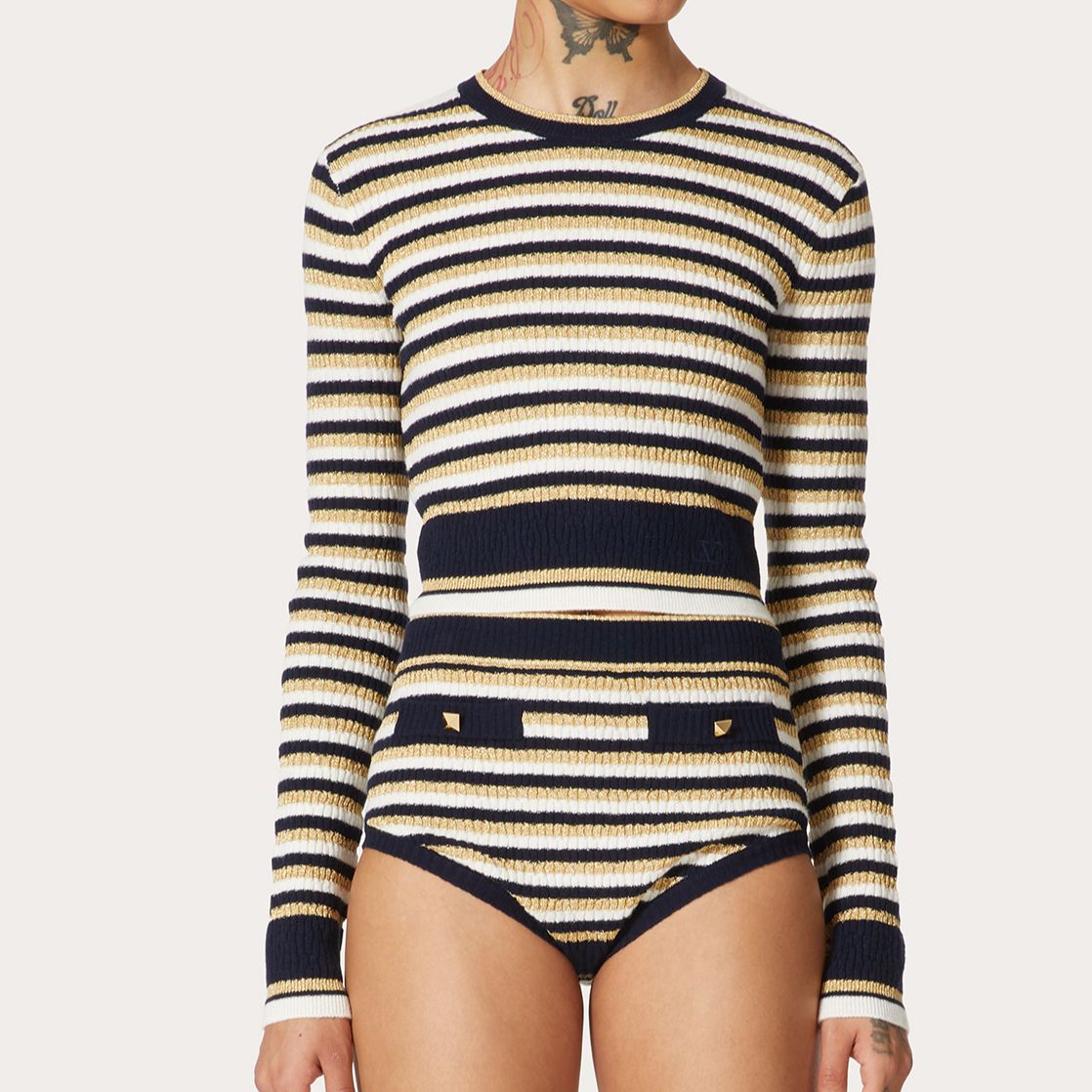 (Women) Valentino SS23  Striped Cropped Knit Long-Sleeve Top White BKC47S839-7CL 圖 3