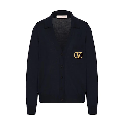 (Women) Valentino SS24 V-Neck Button-Up Knit Cardigan Navy Blue. BKA08C8NY598