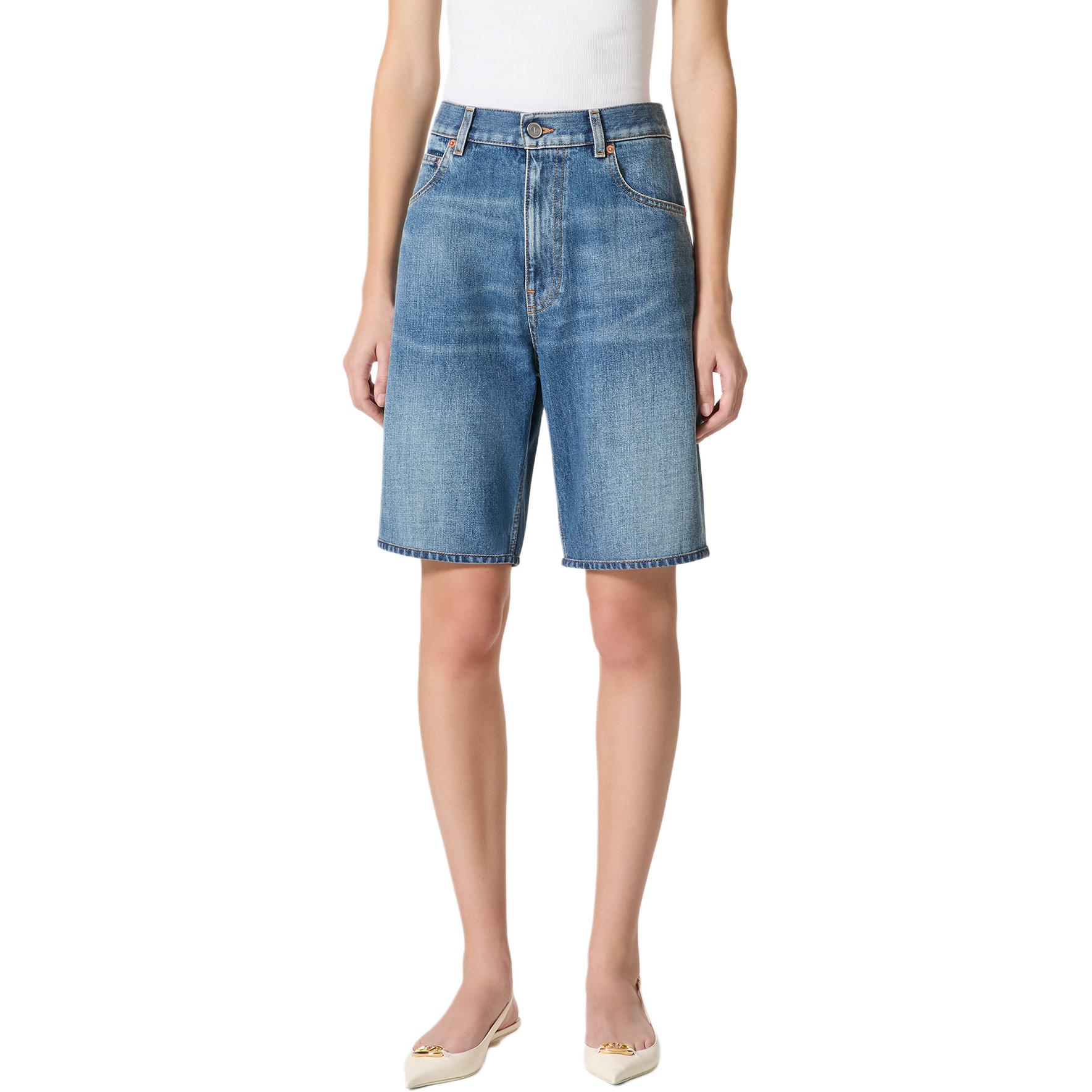 Lookbook (Women) Valentino SS24 Logo Straight Bermuda Denim Shorts Women’s Dark Denim. 4B0DD16T8L4-558