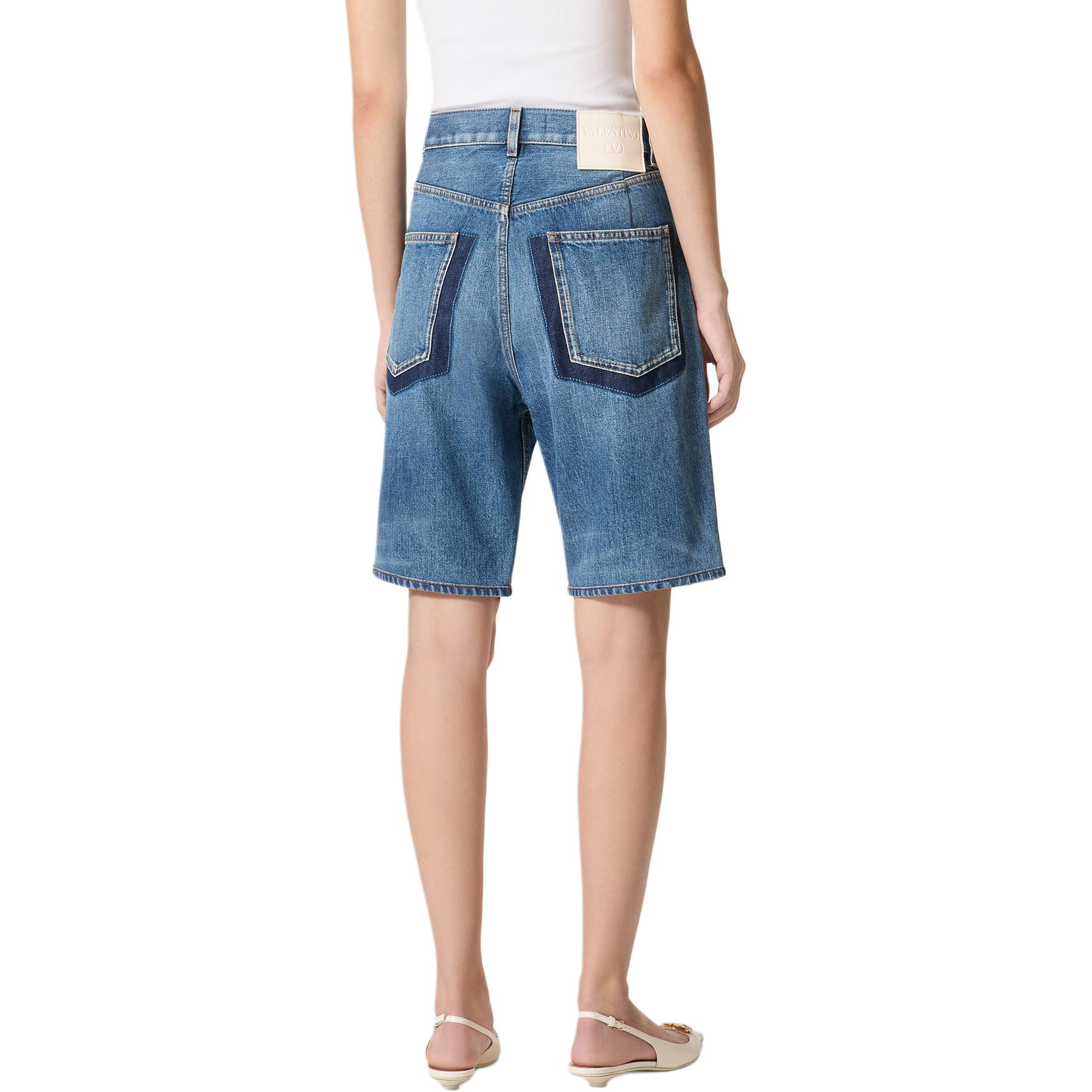 Shop (Women) Valentino SS24 Logo Straight Bermuda Denim Shorts Women’s Dark Denim. 4B0DD16T8L4-558