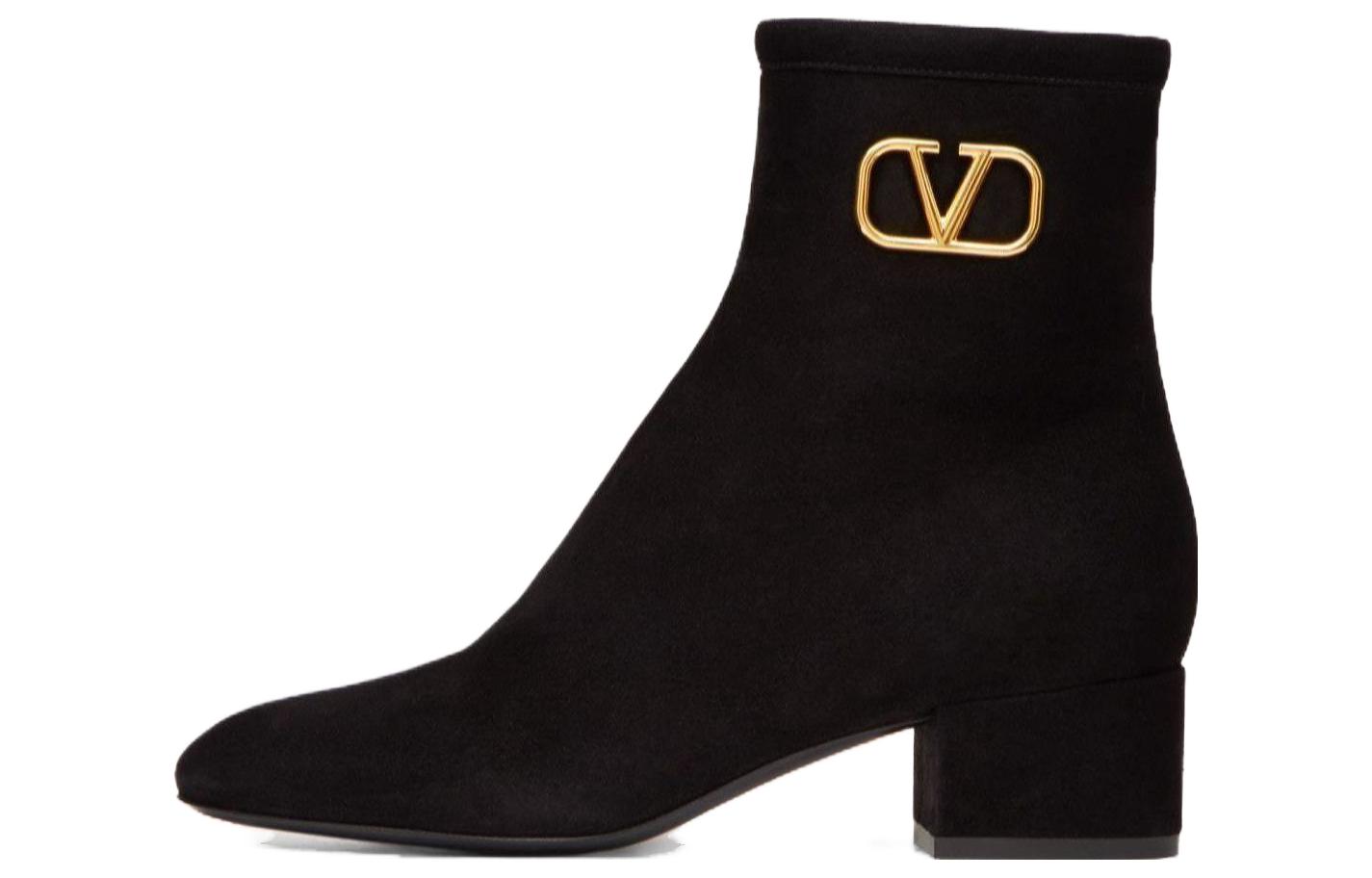 (Women) Valentino Suede Round-Toe Block Heel Booties 'Black' TW2S0V30VUR0NO