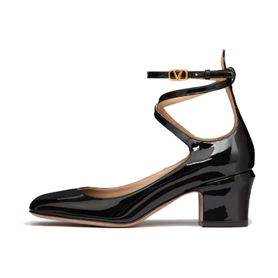 (W) Valentino Tan-Go Black 'Patent Leather Buckle Chunky-Heel'