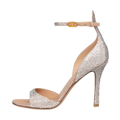 (W) Valentino Velvet Open Toe Buckle Slide 'Silver'