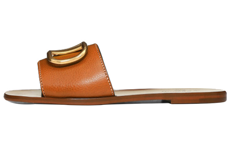 (W) Valentino Vlogo 'Brown Grainy Leather Slide'