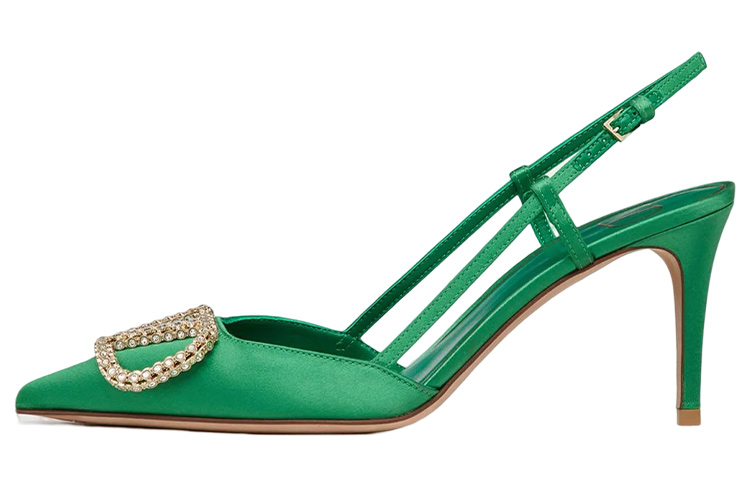 (W) Valentino Vlogo 'Green Satin Pointed Buckle Slide'
