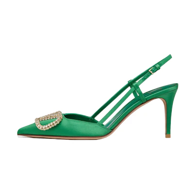 (W) Valentino Vlogo 'Green Satin Pointed Buckle Slide'