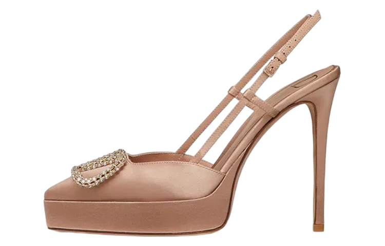 (W) Valentino Vlogo Satin High Heels 'Crystal Logo Nude'