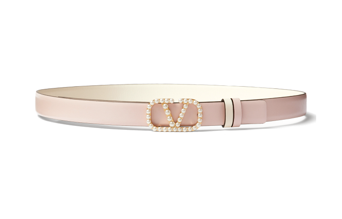 (Women) Valentino VLOGO Signature Patent Leather Pearl Buckle  Pink Belt 2CM Wide WT0S12ZKHJ49
