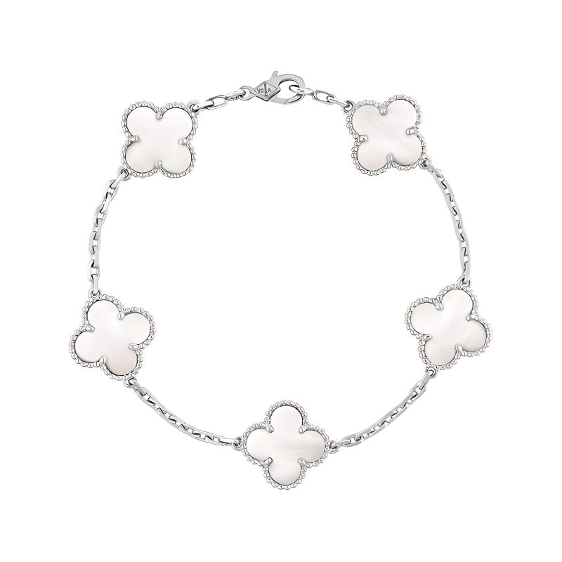 (Women) Van Cleef & Arpels 5 Motif Clover Mother of Pearl Bracelet Silver for Women VCARF48400
