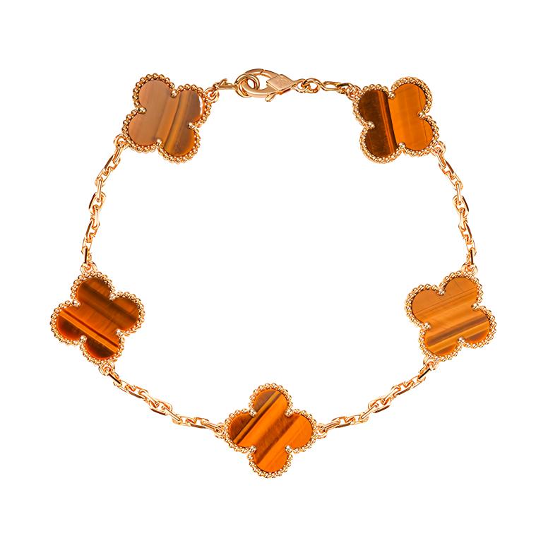 (Women) Van Cleef & Arpels Alhambra Lucky 4 Motif Tiger Eye 18K Gold Bracelet Women. VCARD35600