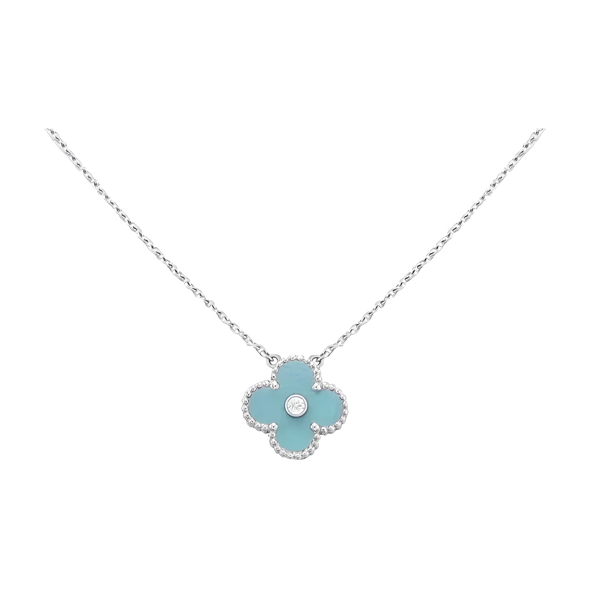 (Women) Van Cleef & Arpels Alhambra Vintage 18K White Gold Blue Clover Pendant Necklace VCARD22