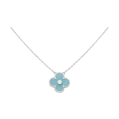 (Women) Van Cleef & Arpels Alhambra Vintage 18K White Gold Blue Clover Pendant Necklace VCARD22