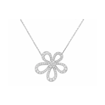 (Women) Van Cleef & Arpels Flowerlace Pendant 18K White Gold Diamond Necklace. VCARP05200