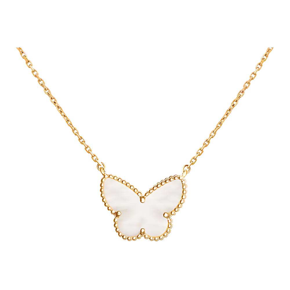 (Women) Van Cleef & Arpels Lucky Alhambra White Mother-of-Pearl Butterfly Necklace 18K Gold. VCARD99500