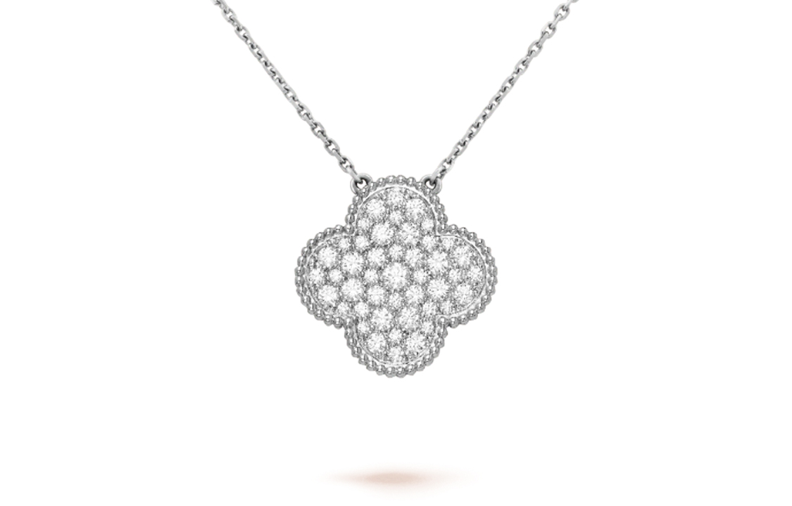 (Women) Van Cleef & Arpels Magic Alhambra 18K White Gold Diamond Clover Pendant Necklace. VCARN9MS00