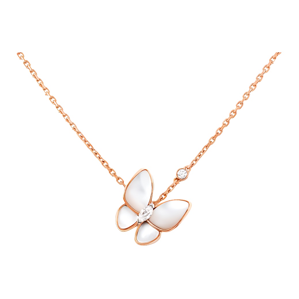 (Women) Van Cleef & Arpels Two Butterfly Diamond Mother-of-Pearl Rose Gold Necklace. VCARO8FO00
