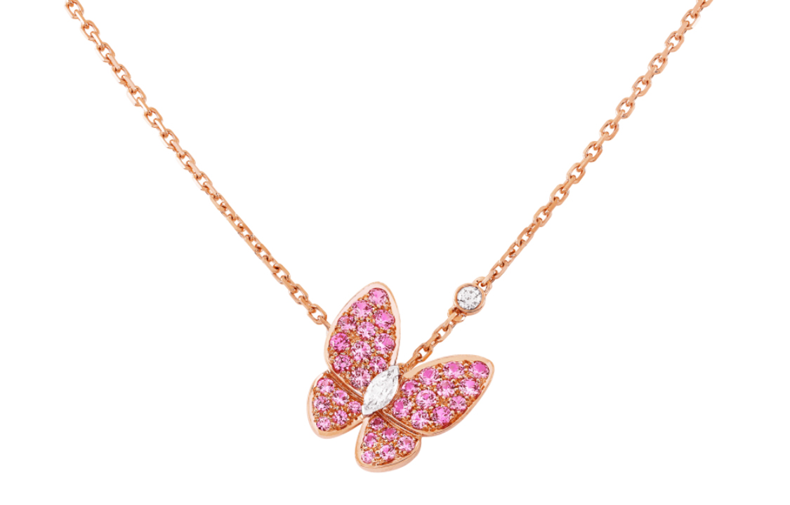 (Women) Van Cleef & Arpels Two Butterfly Necklace 18K Rose Gold Pink Sapphire Diamond. VCARO3M200