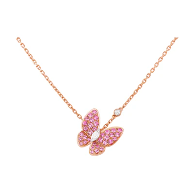 (Women) Van Cleef & Arpels Two Butterfly Necklace 18K Rose Gold Pink Sapphire Diamond. VCARO3M200