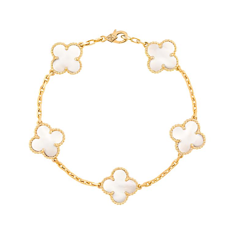 (Women) Van Cleef & Arpels White Mother of Pearl Gold Five-Motif Bracelet for Women. VCARA41800