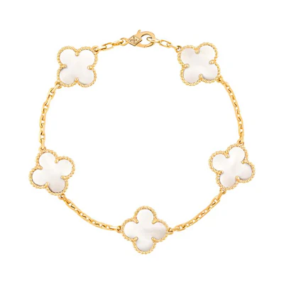 (Women) Van Cleef & Arpels White Mother of Pearl Gold Five-Motif Bracelet for Women. VCARA41800