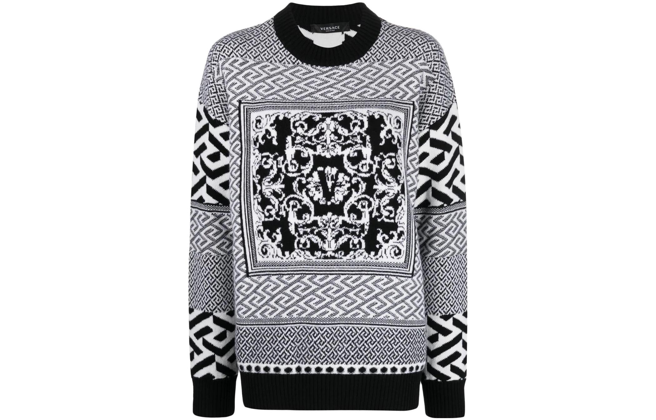 (Women) VERSACE  Abstract Jacquard Knit Wool Sweater Grey Pullover. 10062821A-042492-B020