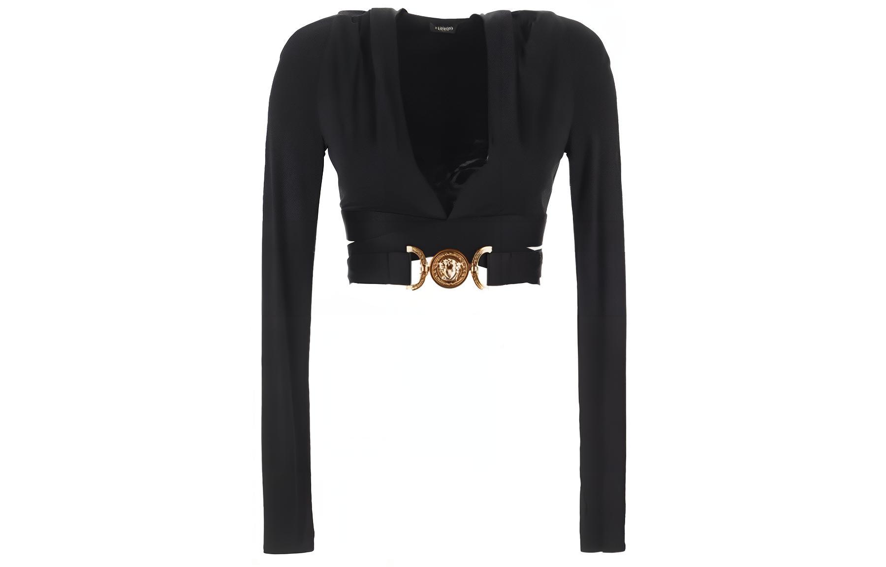 (Women) VERSACE  Black Deep V-Cut Hollow Long Sleeve T-Shirt 1007885-1A00572-1B000