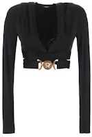 (Women) VERSACE Black Deep V-Cut Hollow Long Sleeve T-Shirt 1007885-1A00572-1B000 (Women) VERSACE Black Deep V-Cut Hollow Long Sleeve T-Shirt 1007885-1A00572-1B000