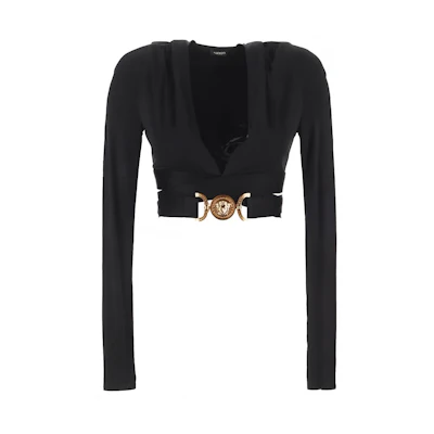 (Women) VERSACE Black Deep V-Cut Hollow Long Sleeve T-Shirt 1007885-1A00572-1B000