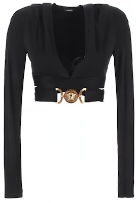 (W) VERSACE Baju Hitam Lengan Panjang dengan Potongan V Dalam Berongga 1007885-1A00572-1B000 Order (W) VERSACE Baju Hitam Lengan Panjang dengan Potongan V Dalam Berongga 1007885-1A00572-1B000