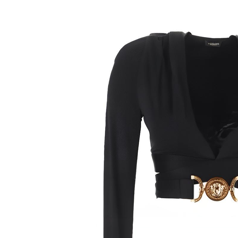 Sizing (W) VERSACE Baju Hitam Lengan Panjang dengan Potongan V Dalam Berongga 1007885-1A00572-1B000