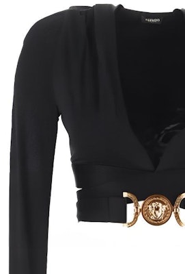 (W) VERSACE Baju Hitam Lengan Panjang dengan Potongan V Dalam Berongga 1007885-1A00572-1B000 Sizing (W) VERSACE Baju Hitam Lengan Panjang dengan Potongan V Dalam Berongga 1007885-1A00572-1B000