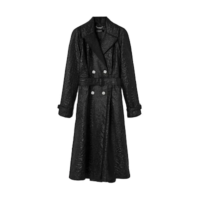 (Women) VERSACE Black Double-Breasted Long Trench Coat with Solid Lapel Design 1012635-1A09081-1B000