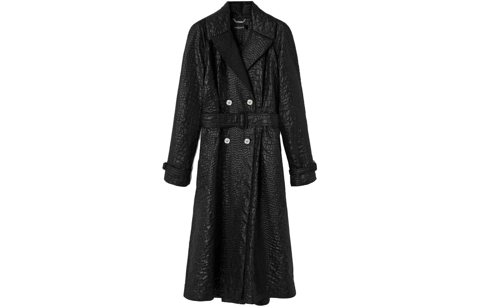 Order (W) VERSACE 黑色雙排扣長款風衣，經典翻領設計 1012635-1A09081-1B000