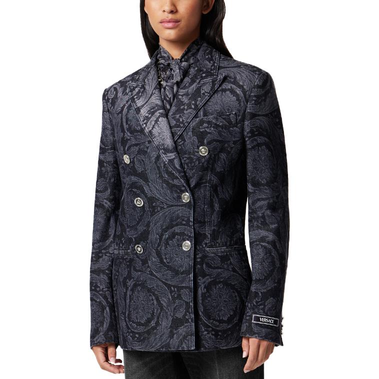 (Women) VERSACE  Black Floral Print Double-Breasted Blazer Jacket 1013576-1A10029-1D280 圖 4